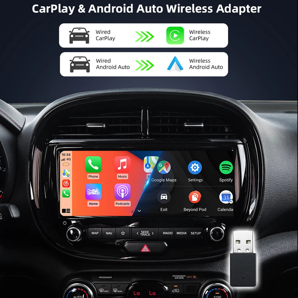 Adaptador Inalámbrico 2 en 1 – CarPlay & Android Auto para Coche